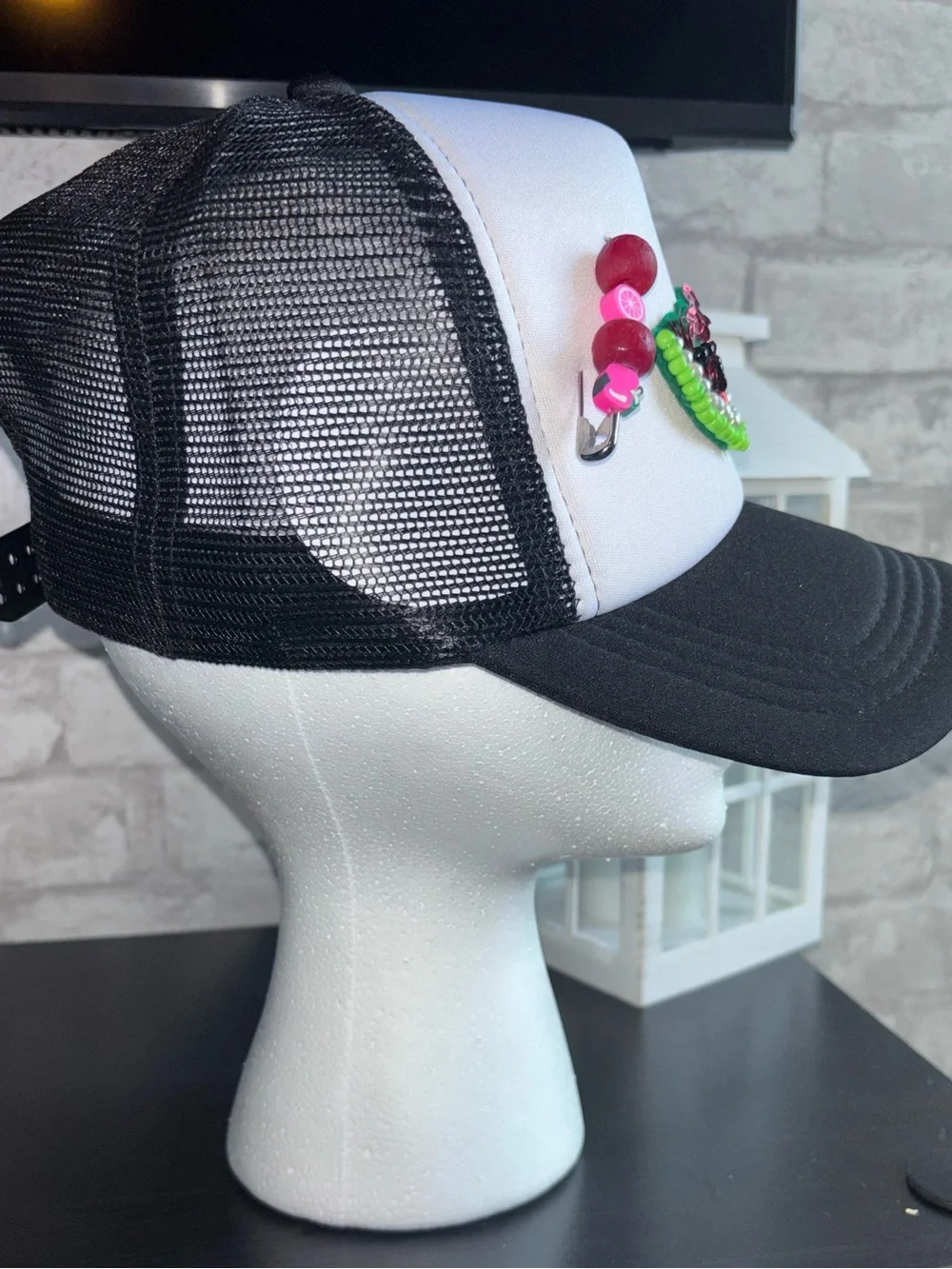 Black & White Trucker Hat w/Handmade, Pink Bead & Green Sequin Watermelon Accent